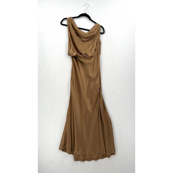 THE SEI Off The Shoulder Silk Maxi Dress Women 2 Brown Satin Cowl Neck Side Slit - Picture 5 of 16